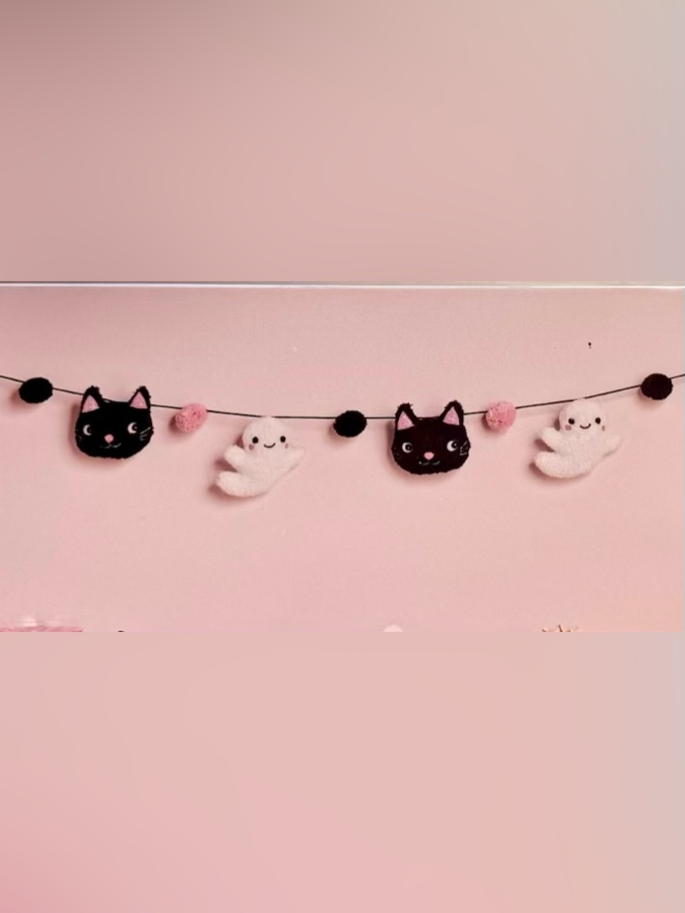 Pink Halloween Garland Booville Plush Ghosts Black Kitty Cats Pom Pom 6 ft long